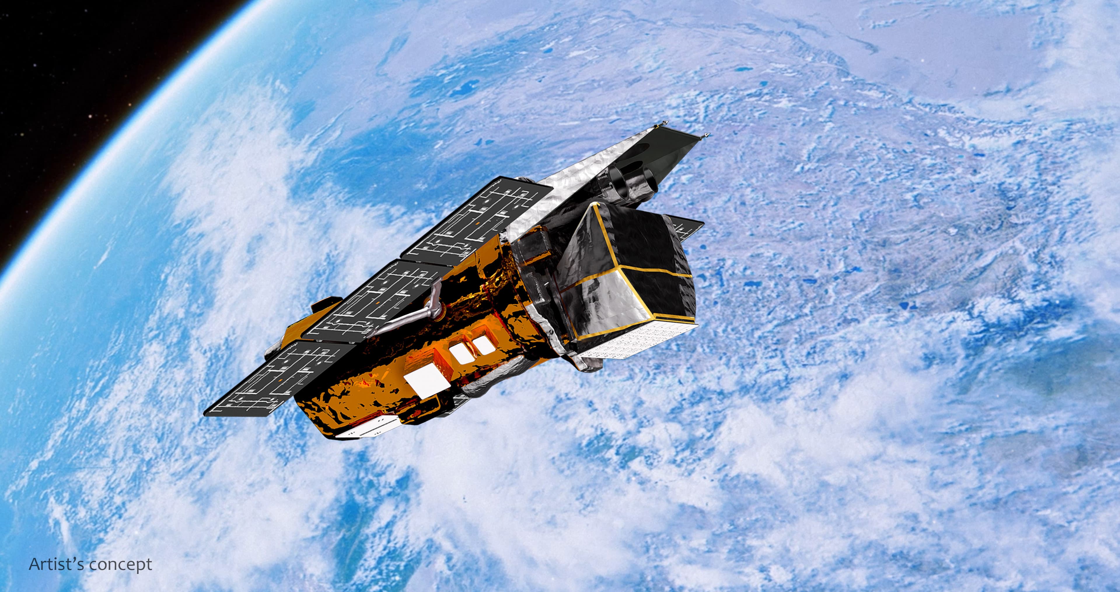 Artist’s concept of the gold-and-silver Swift observatory and its dark solar arrays above cloud-covered Earth
