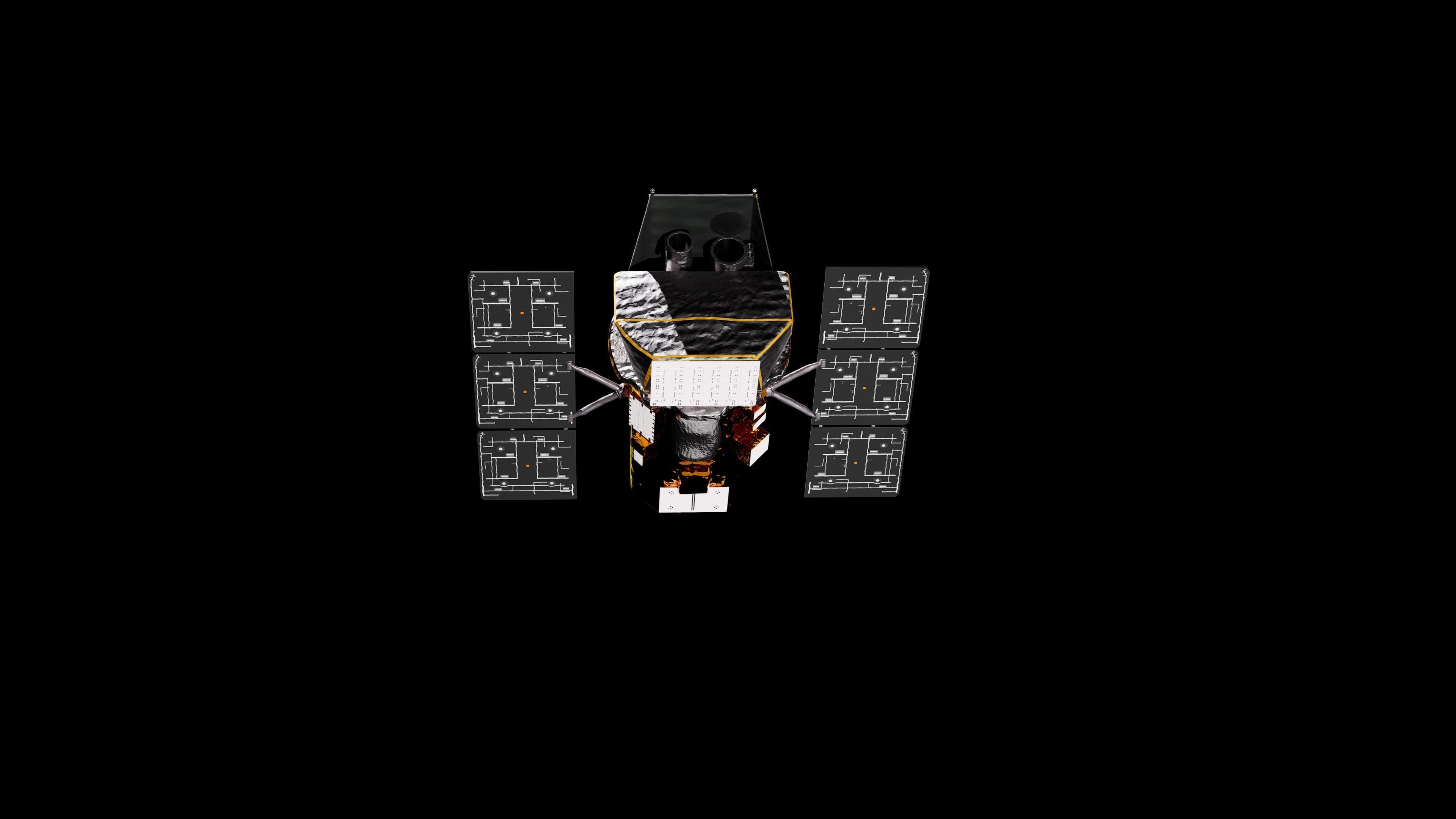 Artist’s concept of the gold-and-silver Swift observatory with two extended solar arrays against a black background