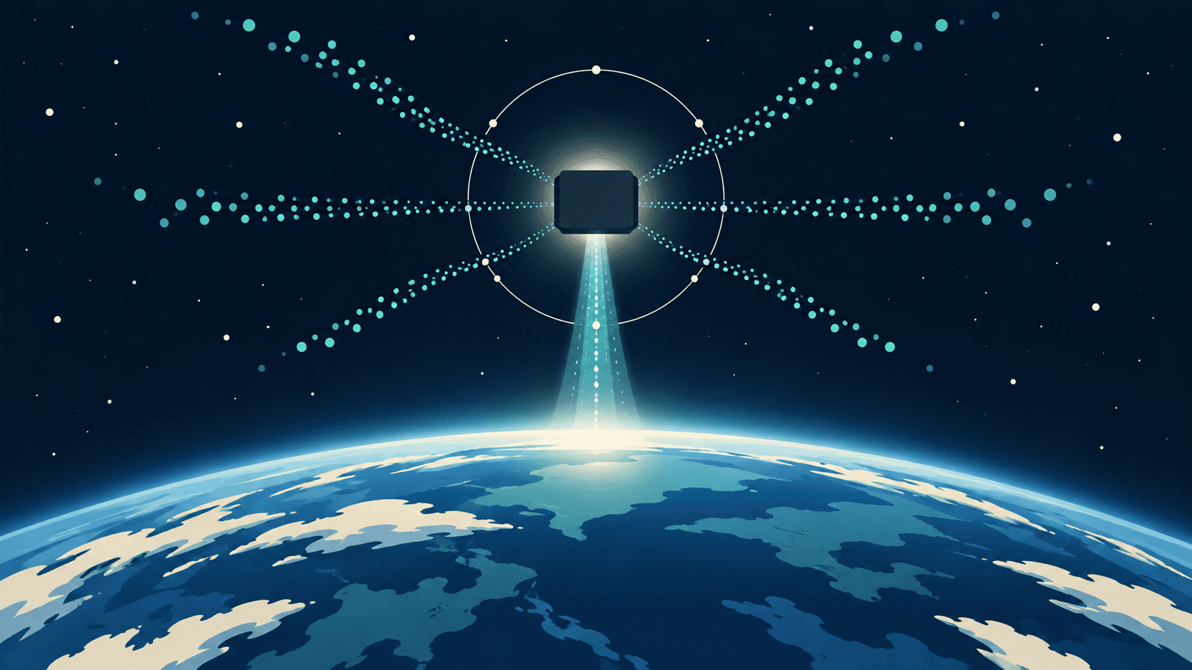 Conceptual illustration of an abstract processor above Earth with teal data dots flowing toward it