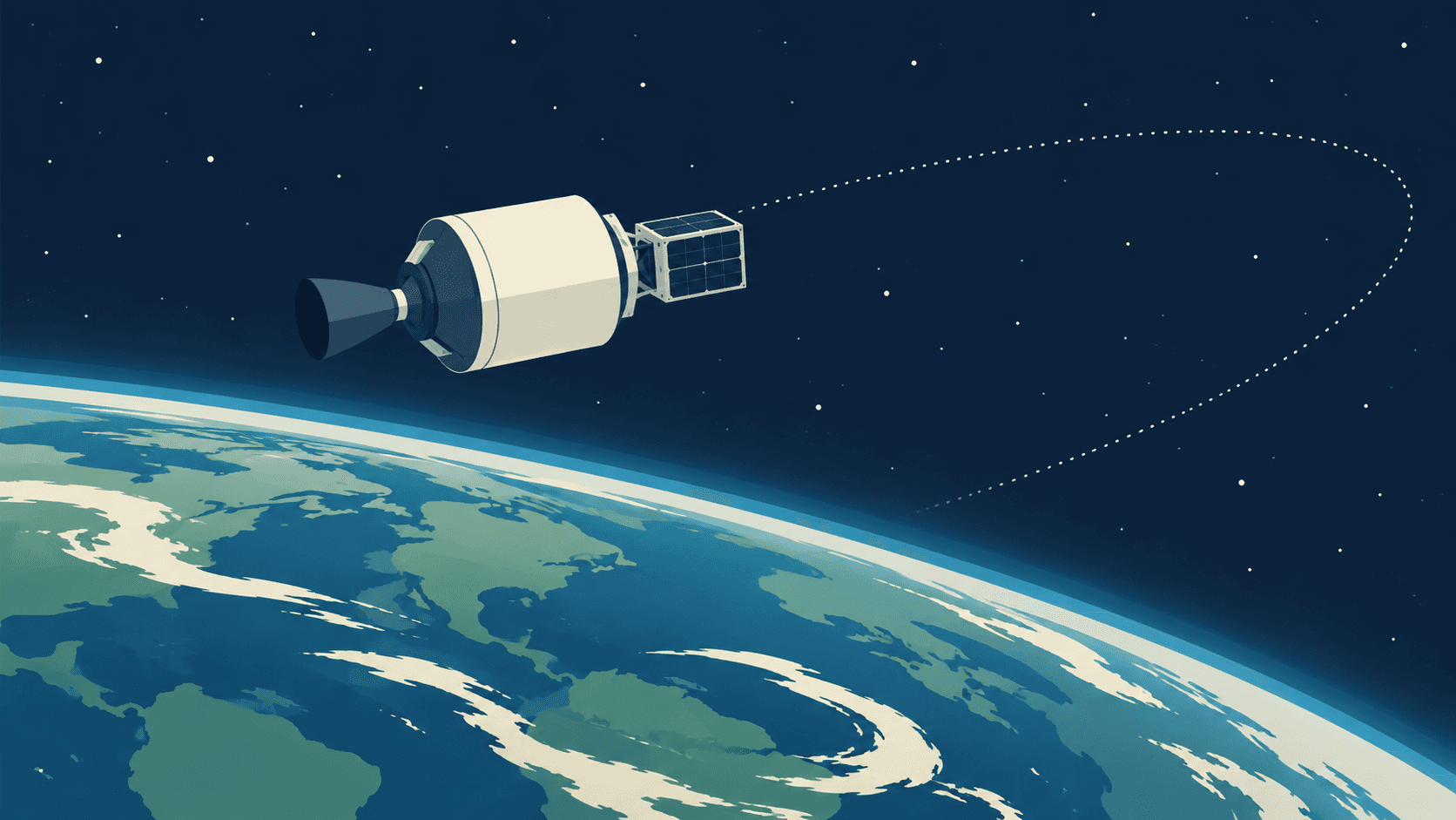 Conceptual illustration of a small satellite attached to an orbital carrier above Earth, with a dotted future path