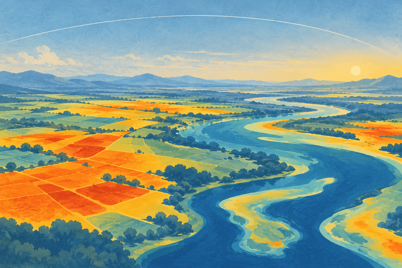 Conceptual painted landscape with orange agricultural fields and a blue winding river beneath a thin orbital arc