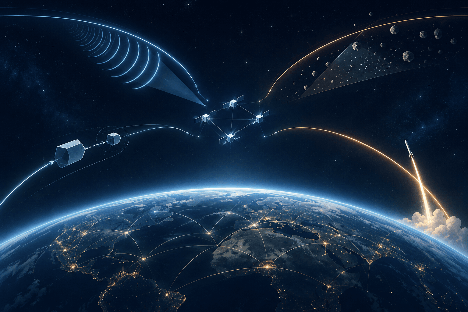 Conceptual illustration of generic satellites, orbital paths, a launch and global communications links above Earth