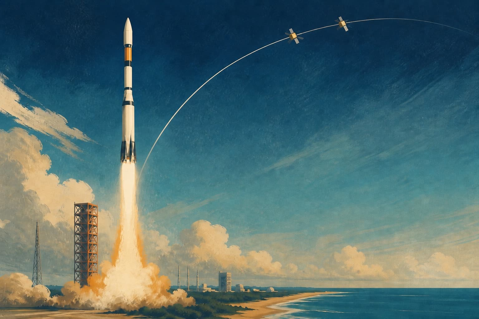 Editorial illustration of Vikram-1 lifting off from a coastal launch range toward two satellites