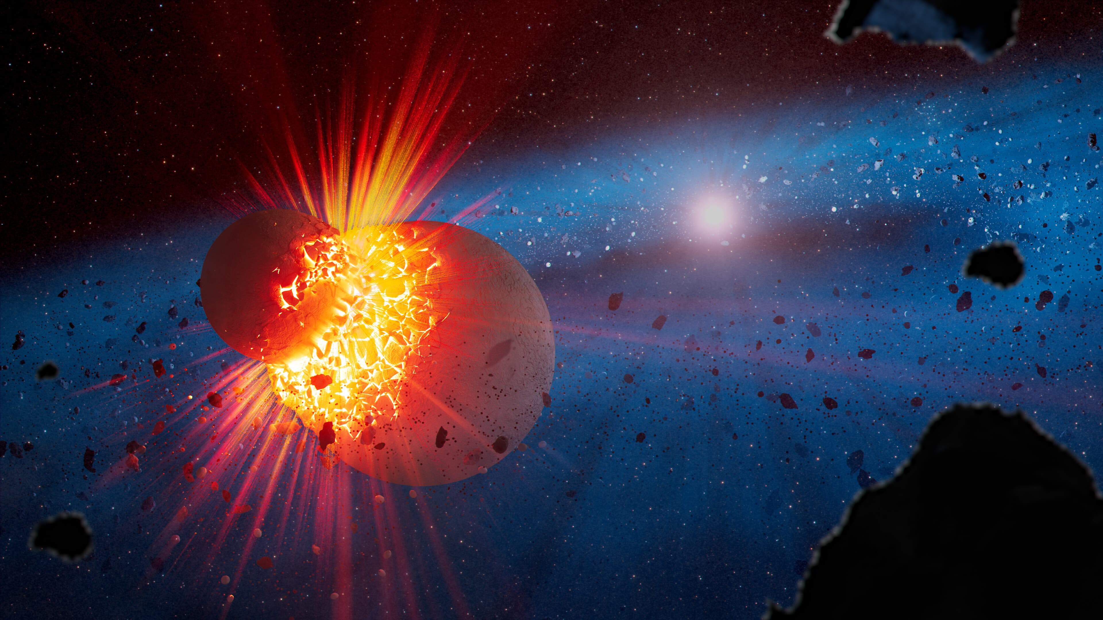 Artist’s concept of a rocky collision within a blue debris disk around a distant star