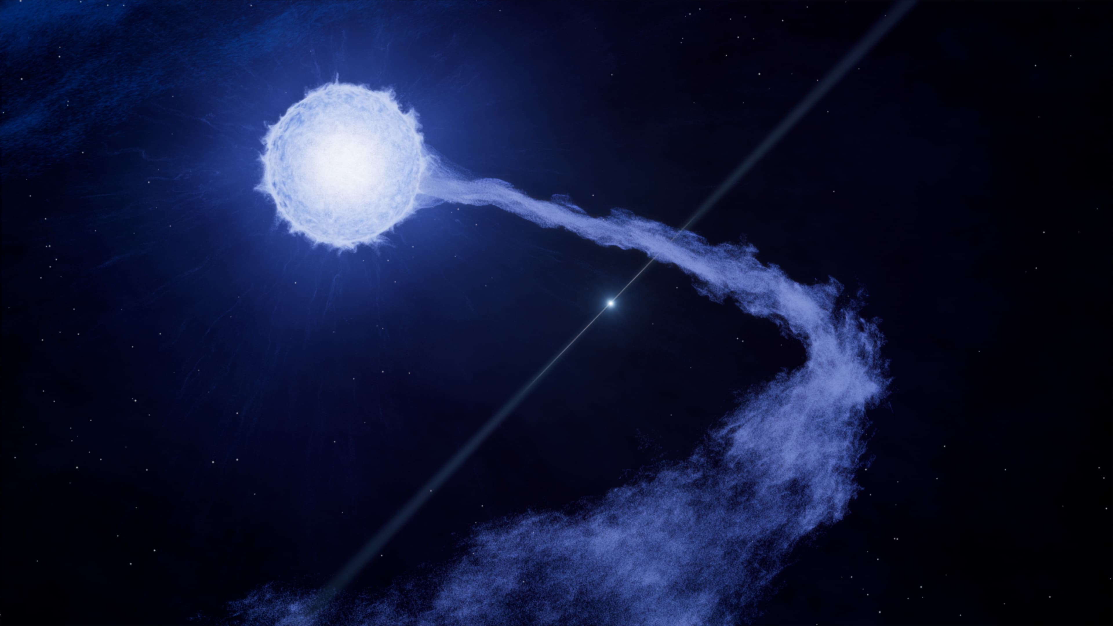 Artist’s concept showing a bright blue star, a curving gas stream and a small pulsar with two beams