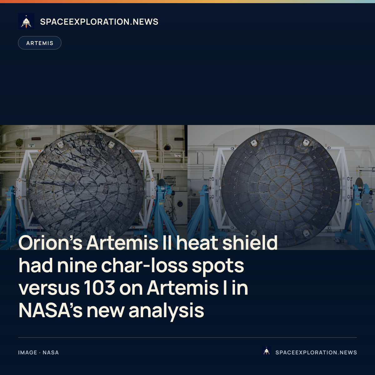 Branded story card: Orion’s Artemis II heat shield had nine char-loss spots versus 103 on Artemis I in NASA’s new analysis
