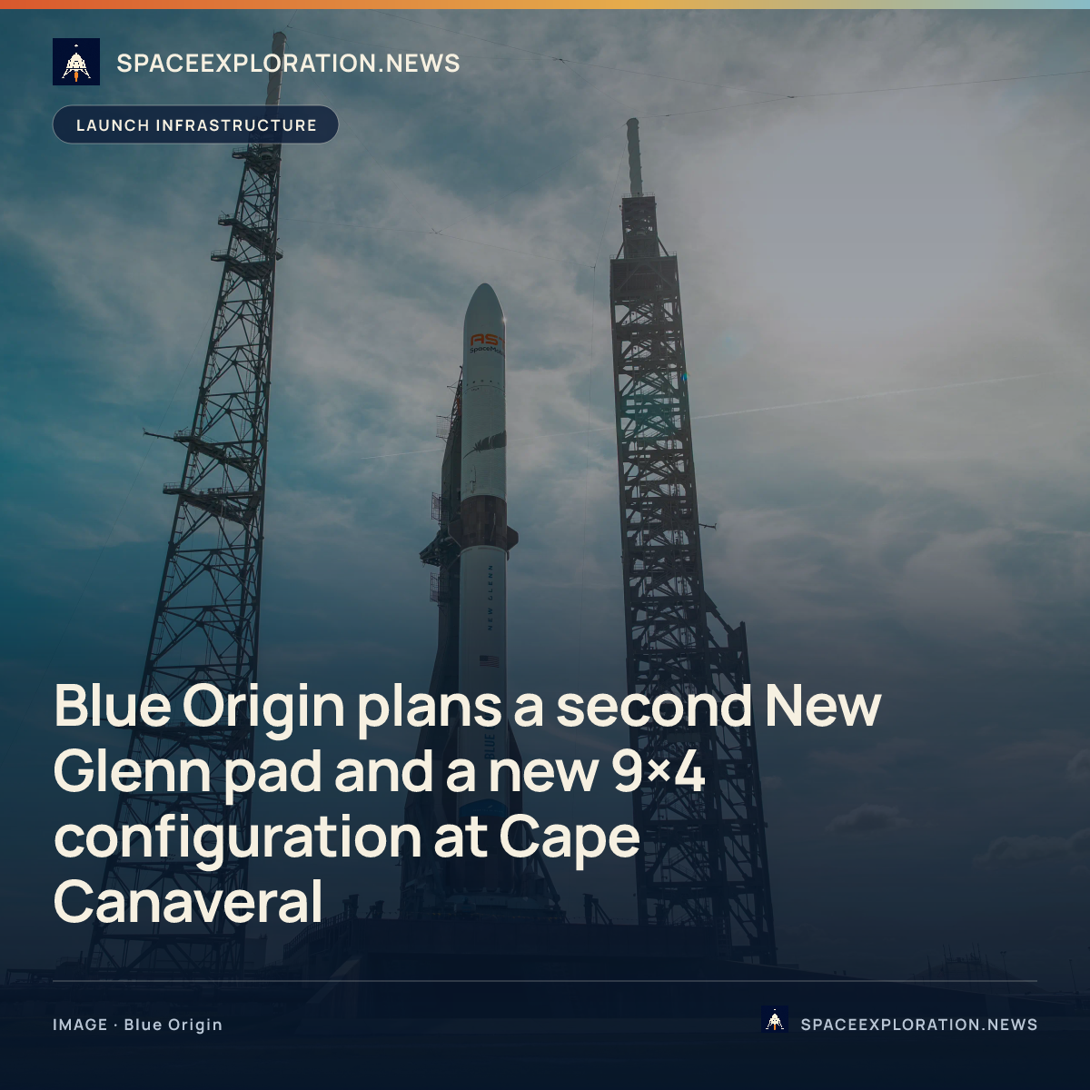 Branded story card: Blue Origin plans a second New Glenn pad and a new 9×4 configuration at Cape Canaveral