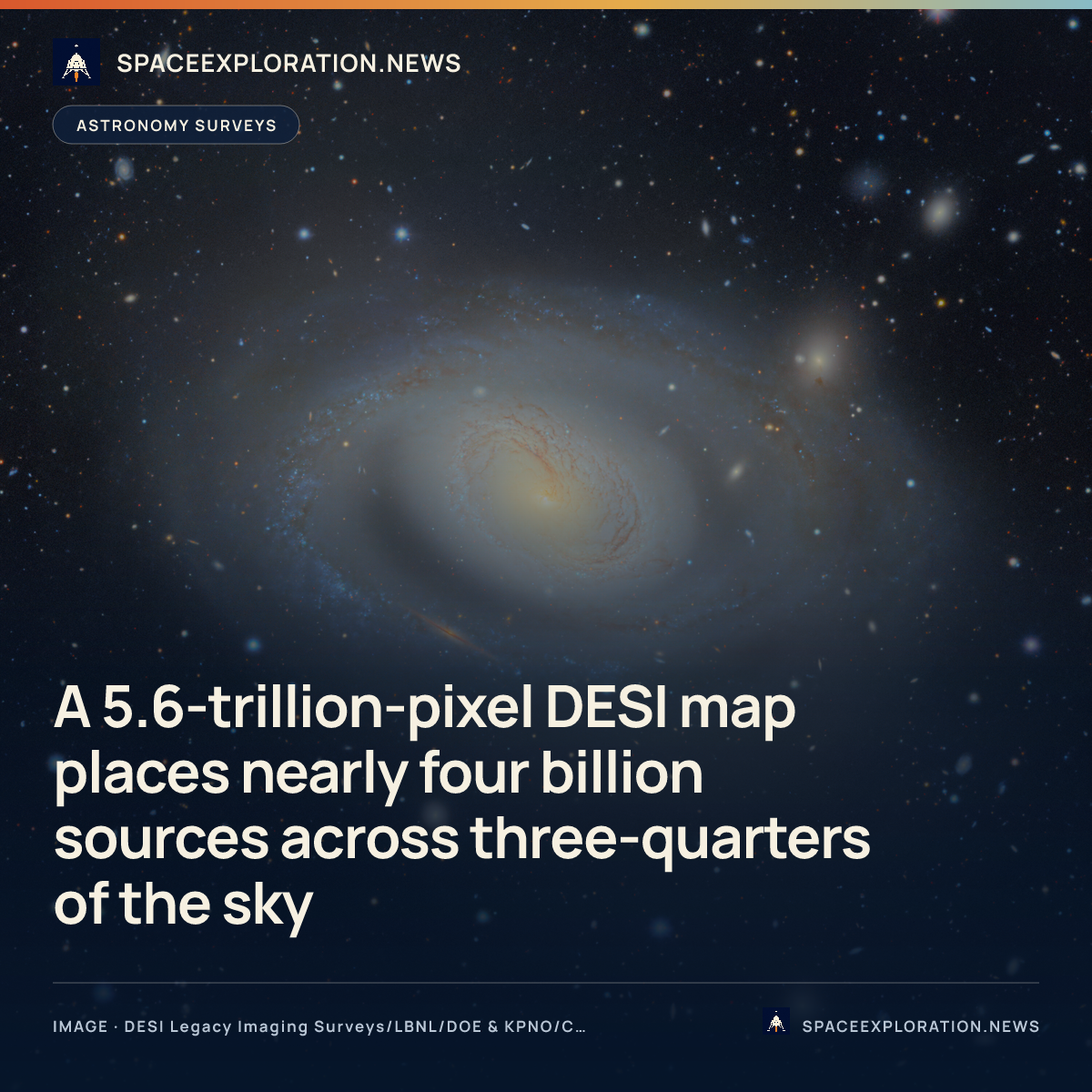 Branded story card: A 5.6-trillion-pixel DESI map places nearly four billion sources across three-quarters of the sky