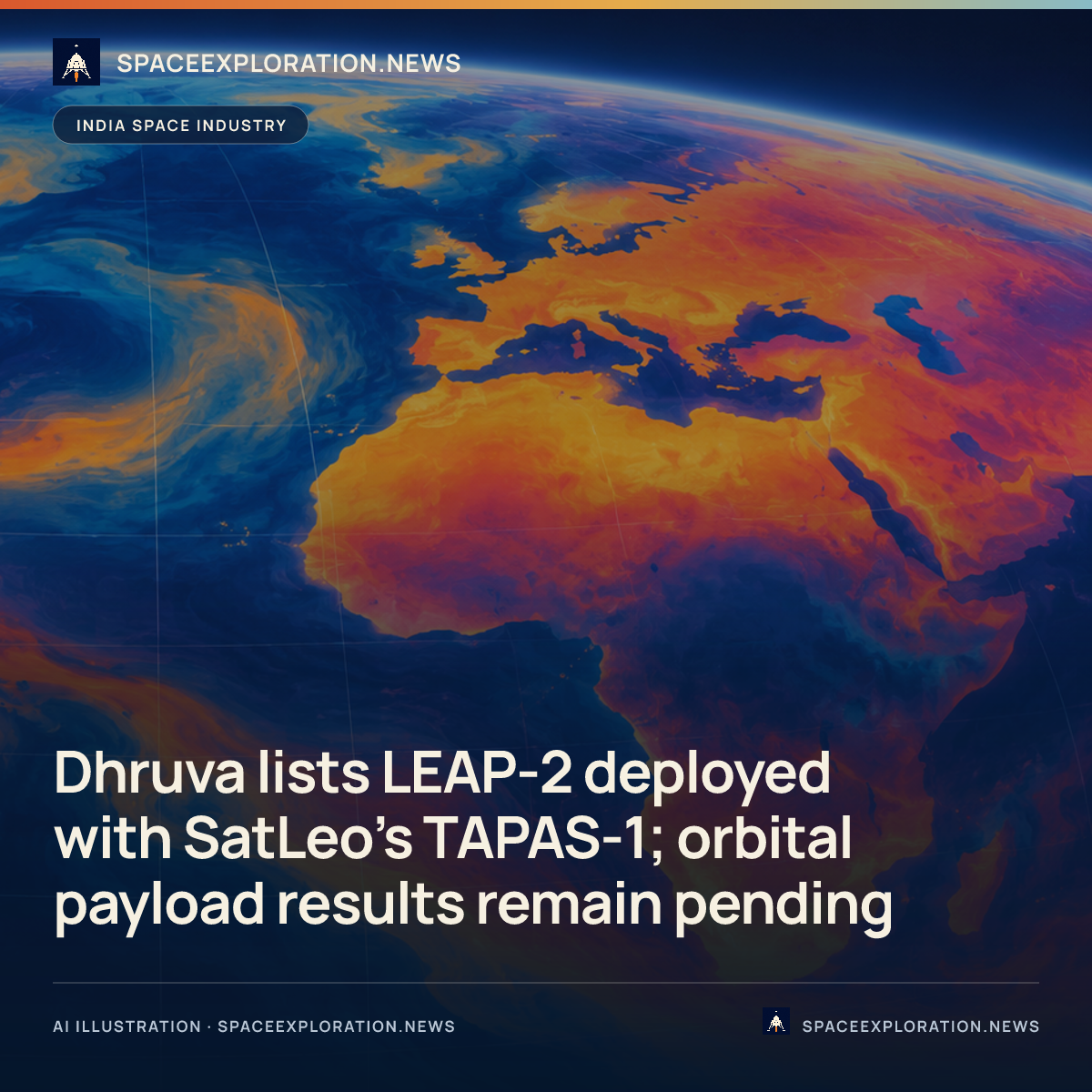 Branded story card: Dhruva lists LEAP-2 deployed with SatLeo's TAPAS-1; orbital payload results remain pending