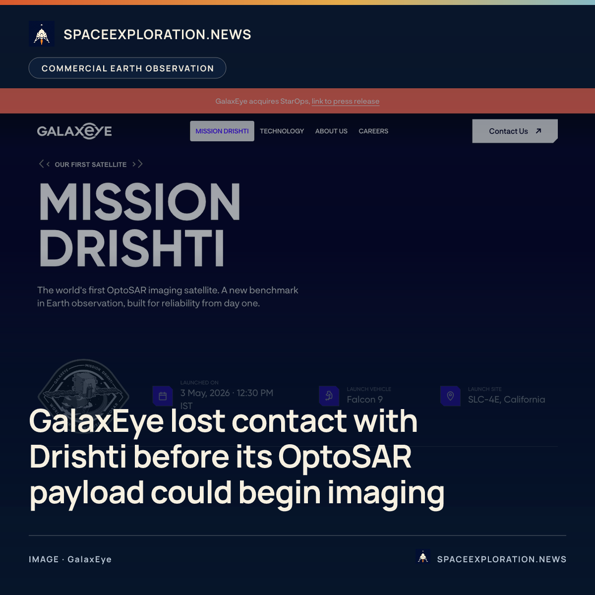 Branded story card: GalaxEye lost contact with Drishti before its OptoSAR payload could begin imaging