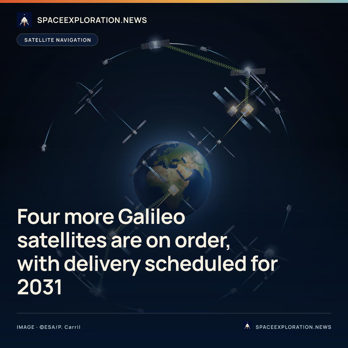 Branded story card: Four more Galileo satellites are on order, with delivery scheduled for 2031