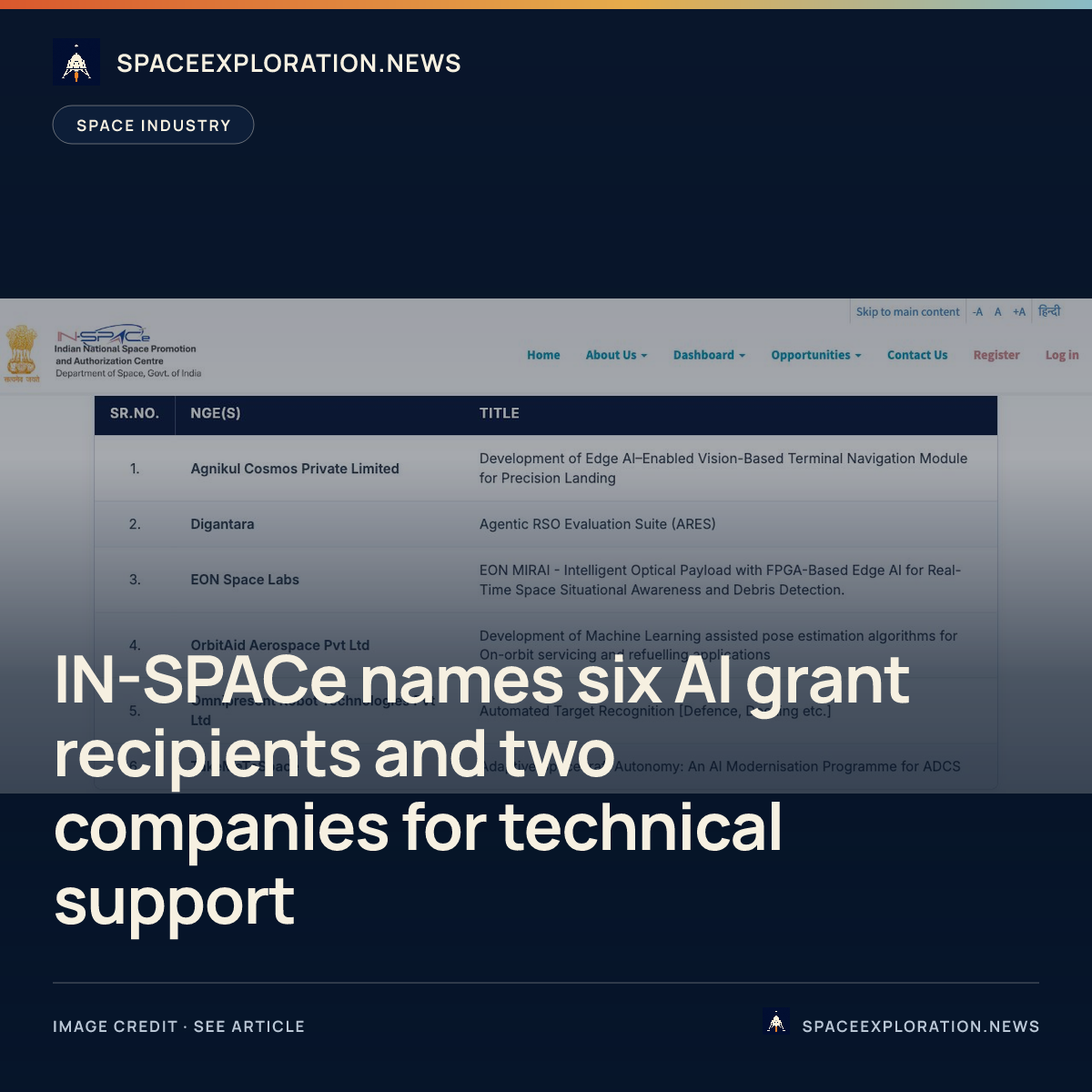 Branded story card: IN-SPACe names six AI grant recipients and two companies for technical support