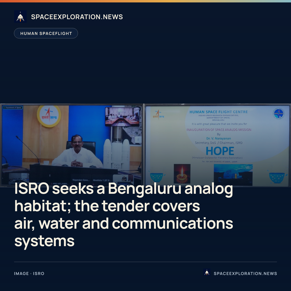 Branded story card: ISRO seeks a Bengaluru analog habitat; the tender covers air, water and communications systems