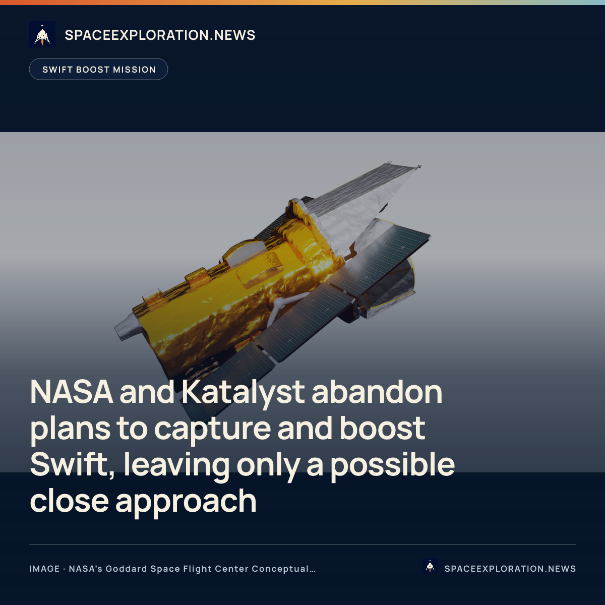 Branded story card: NASA and Katalyst abandon plans to capture and boost Swift, leaving only a possible close approach