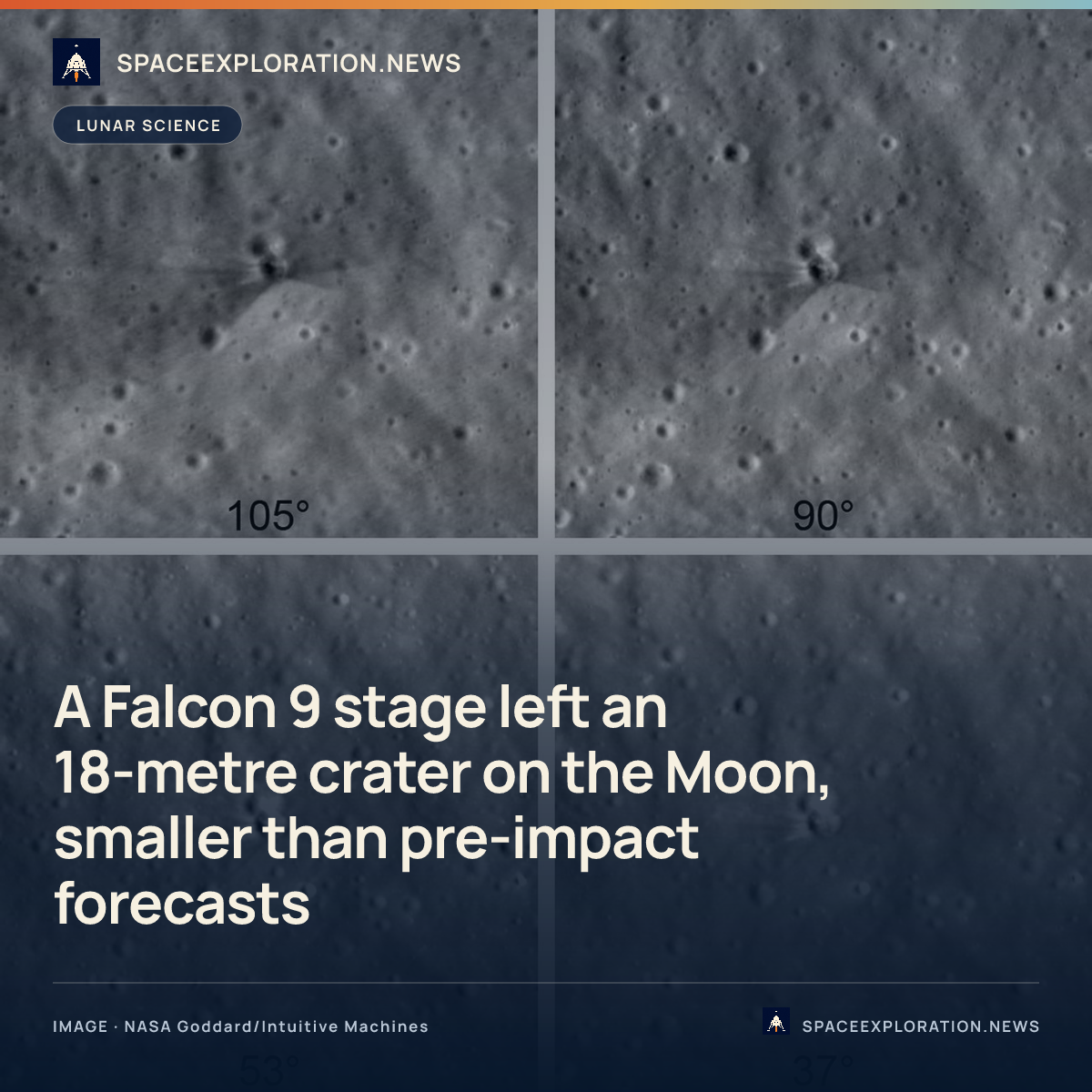 Branded story card: A Falcon 9 stage left an 18-metre crater on the Moon, smaller than pre-impact forecasts