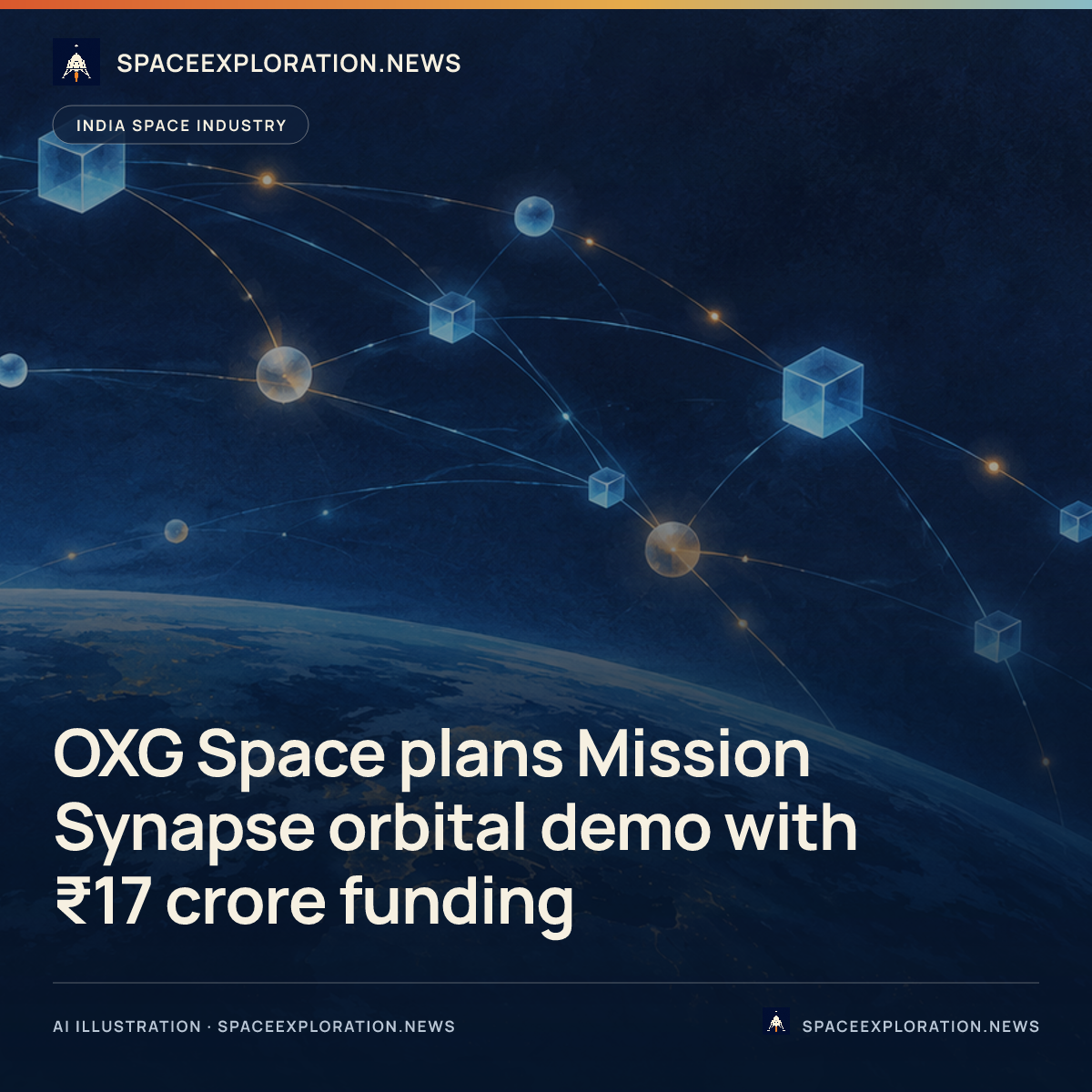 Branded story card: OXG Space plans Mission Synapse orbital demo with ₹17 crore funding