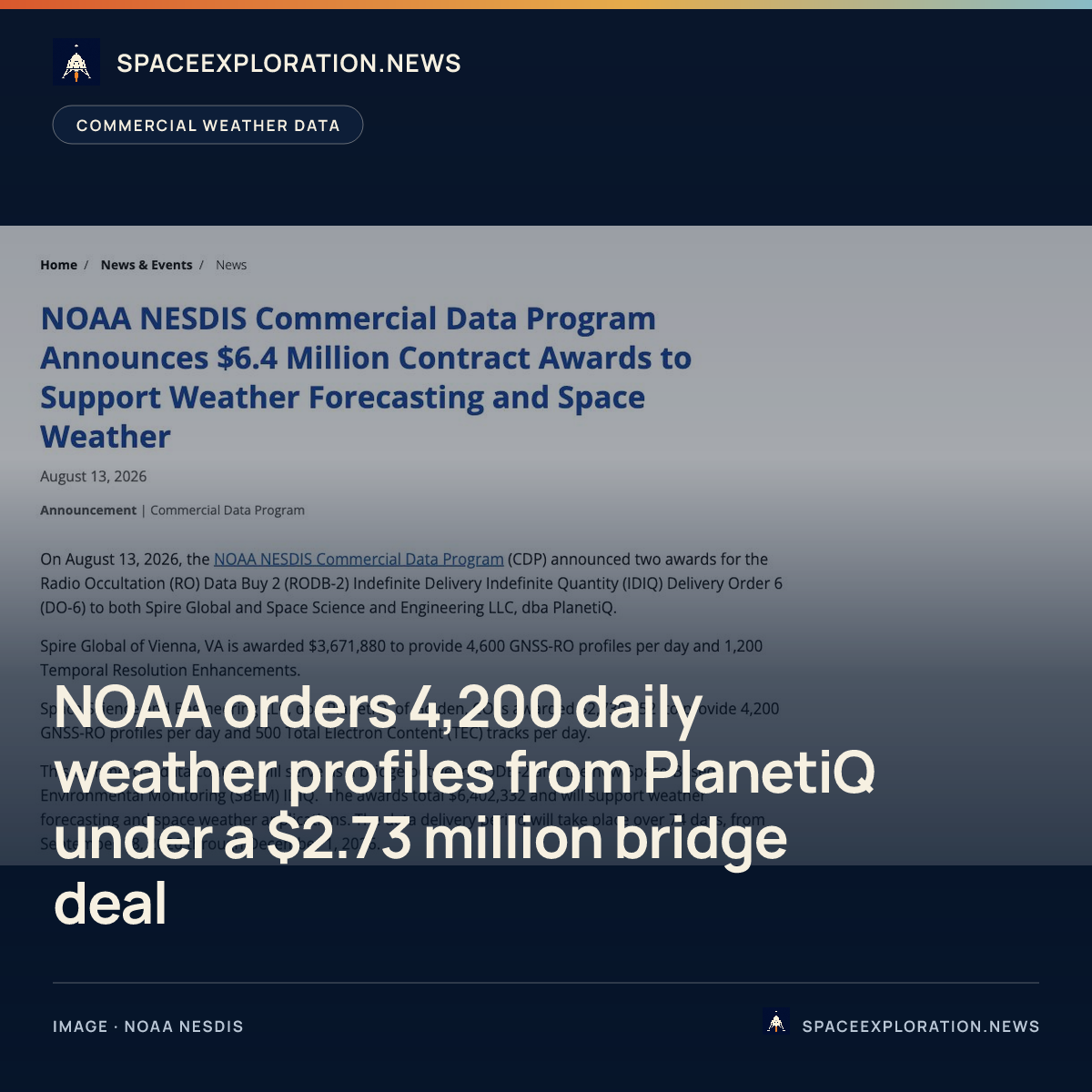 Branded story card: NOAA orders 4,200 daily weather profiles from PlanetiQ under a $2.73 million bridge deal