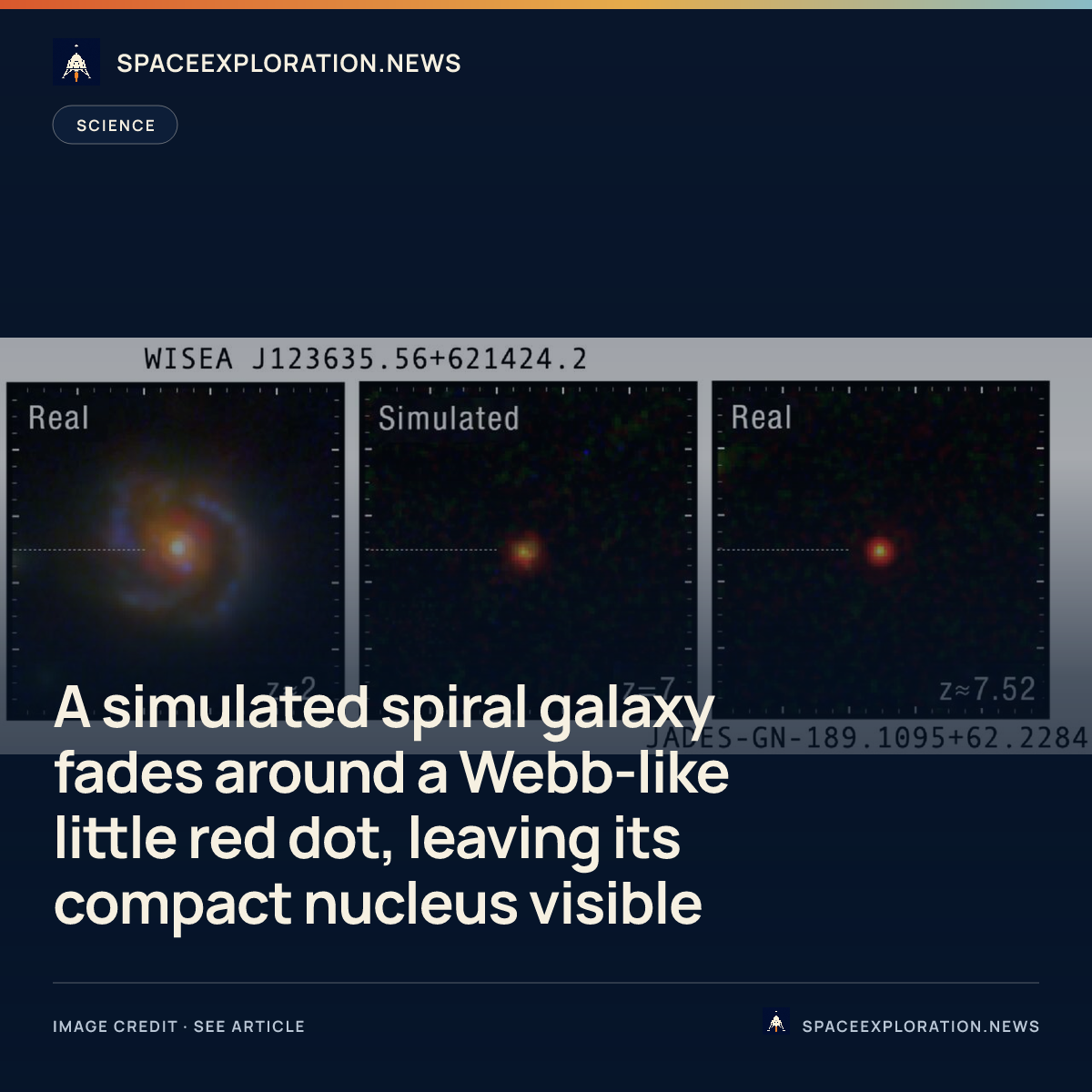Branded story card: A simulated spiral galaxy fades around a Webb-like little red dot, leaving its compact nucleus visible