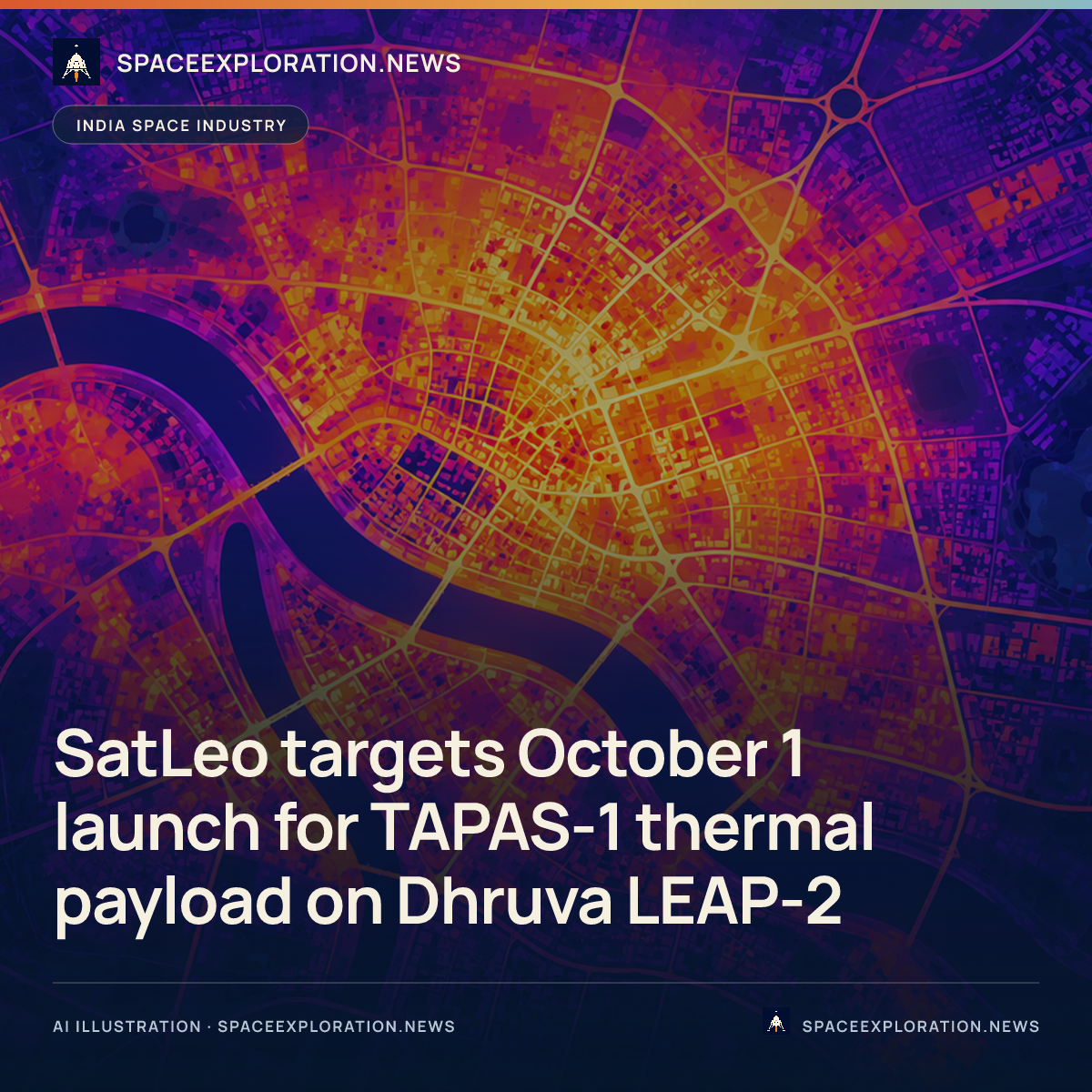 Branded story card: SatLeo targets October 1 launch for TAPAS-1 thermal payload on Dhruva LEAP-2