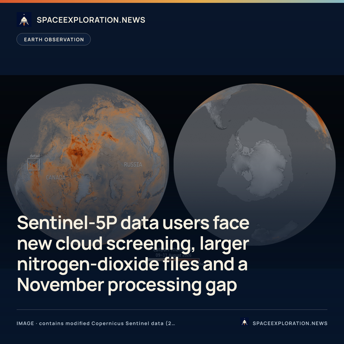 Branded story card: Sentinel-5P data users face new cloud screening, larger nitrogen-dioxide files and a November processing gap