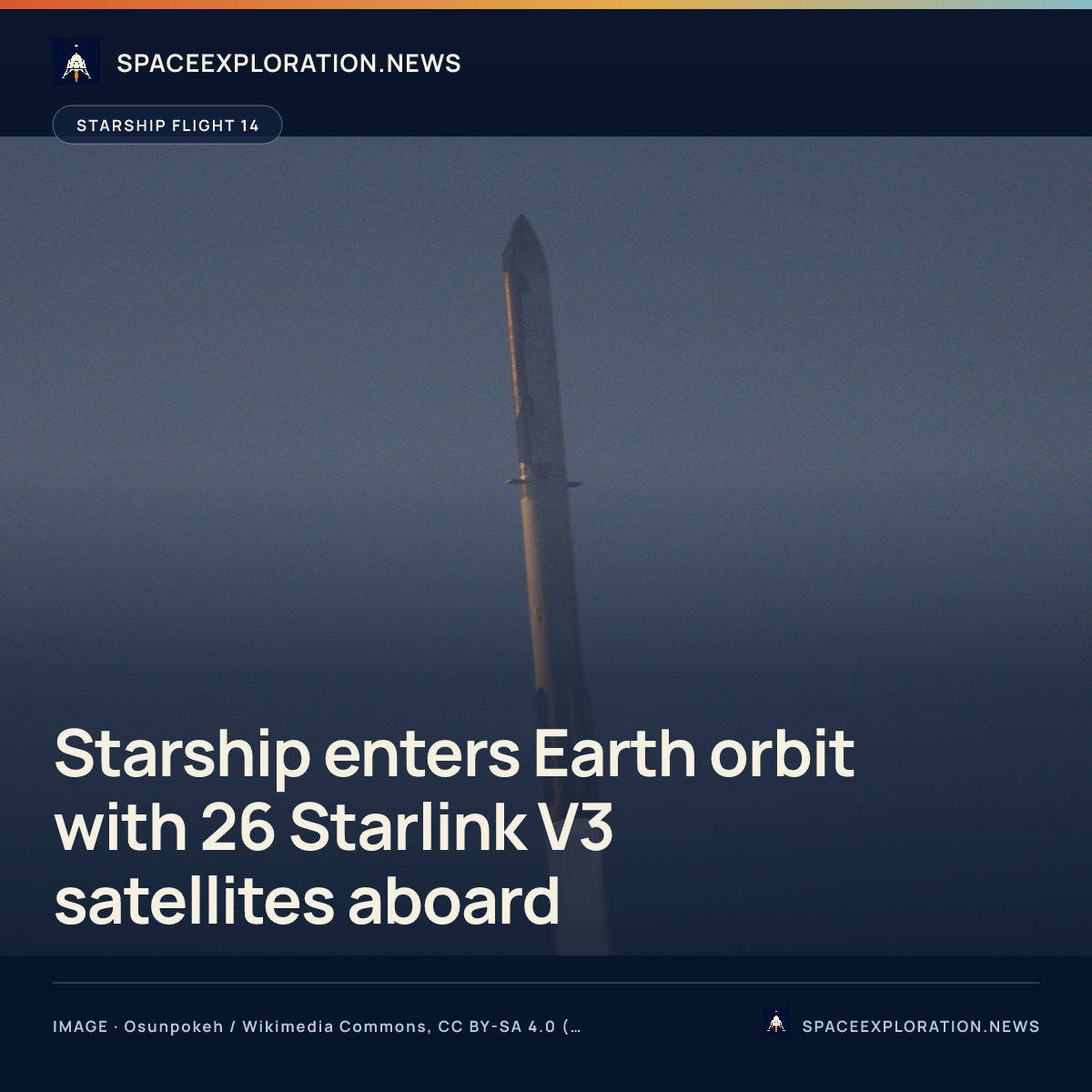 Branded story card: Starship enters Earth orbit with 26 Starlink V3 satellites aboard