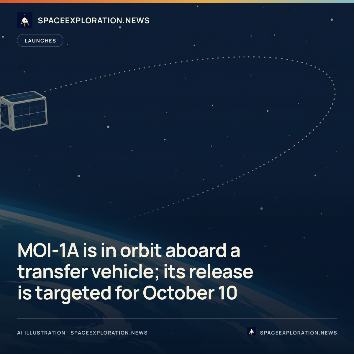 Branded story card: MOI-1A is in orbit aboard a transfer vehicle; its release is targeted for October 10