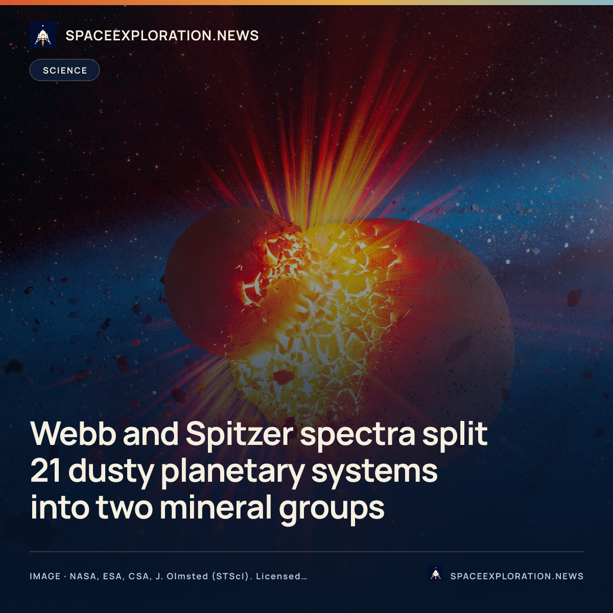 Branded story card: Webb and Spitzer spectra split 21 dusty planetary systems into two mineral groups