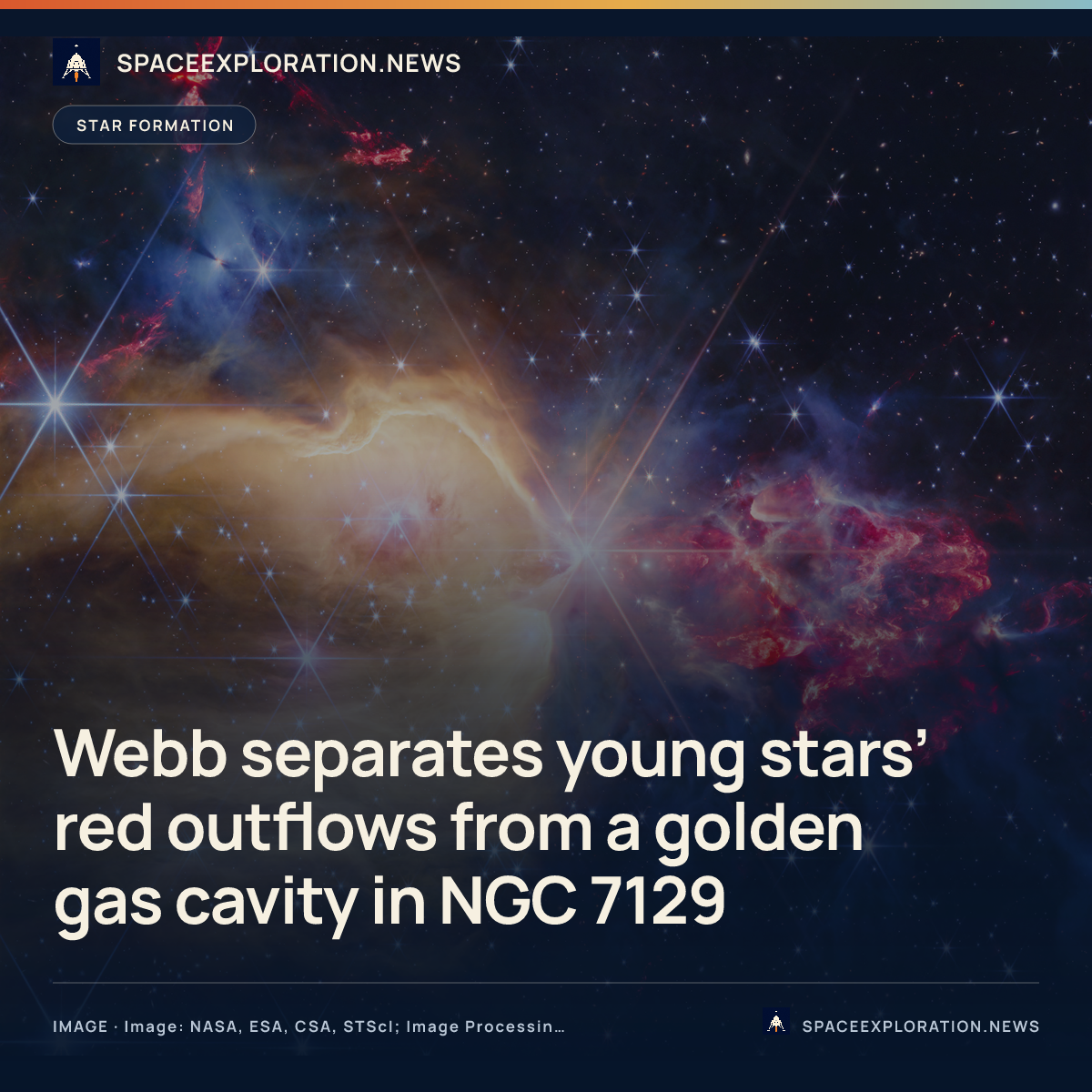 Branded story card: Webb separates young stars’ red outflows from a golden gas cavity in NGC 7129